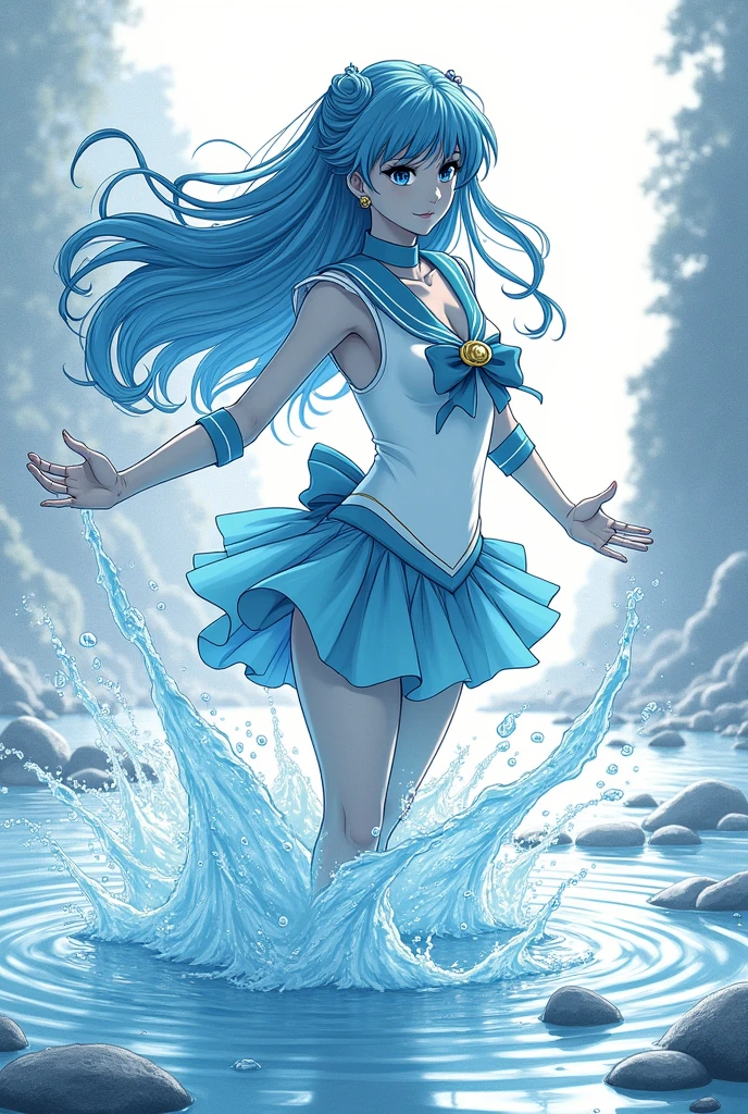 Monochrome manga illustration, Sailor Mercury, ethereal beauty, flowing azure hair cascading like water, donned in a stunning attire resembling waves, strikingly focused gaze mastering swirling torrents, hands gracefully positioned, wielding elemental water, intricate ripples emanating from fingertips, serene river bed as backdrop, smooth pebbles reflecting delicate shadows, tranquil atmosphere contrasting with dynamic water movements, low-angle perspective emphasizing her commanding presence, delicate line detailing enhancing the fluidity of water, rhythmic waves depicted with intricate hatching, layered tones showcasing depth and texture, depth of field blurring river banks softly, serene ambiance with soft gradients, evocative expression capturing determination and tranquility, harmonious balance of strength and elegance, seamlessly merging the two worlds of fantasy and serenity, high-contrast shadows highlighting her silhouette, captivating choreographed motion frozen in time, artistry reflecting the spirit of storytelling inherent in manga illustration