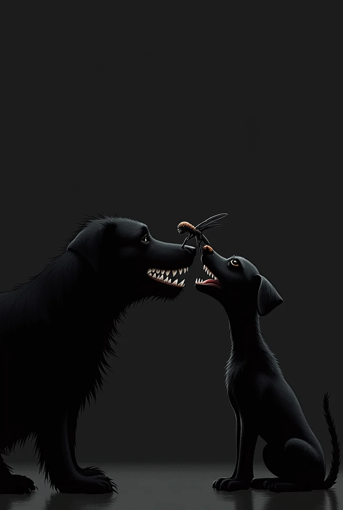 A black bug biting a black dog on its black nose, make an easy drawing