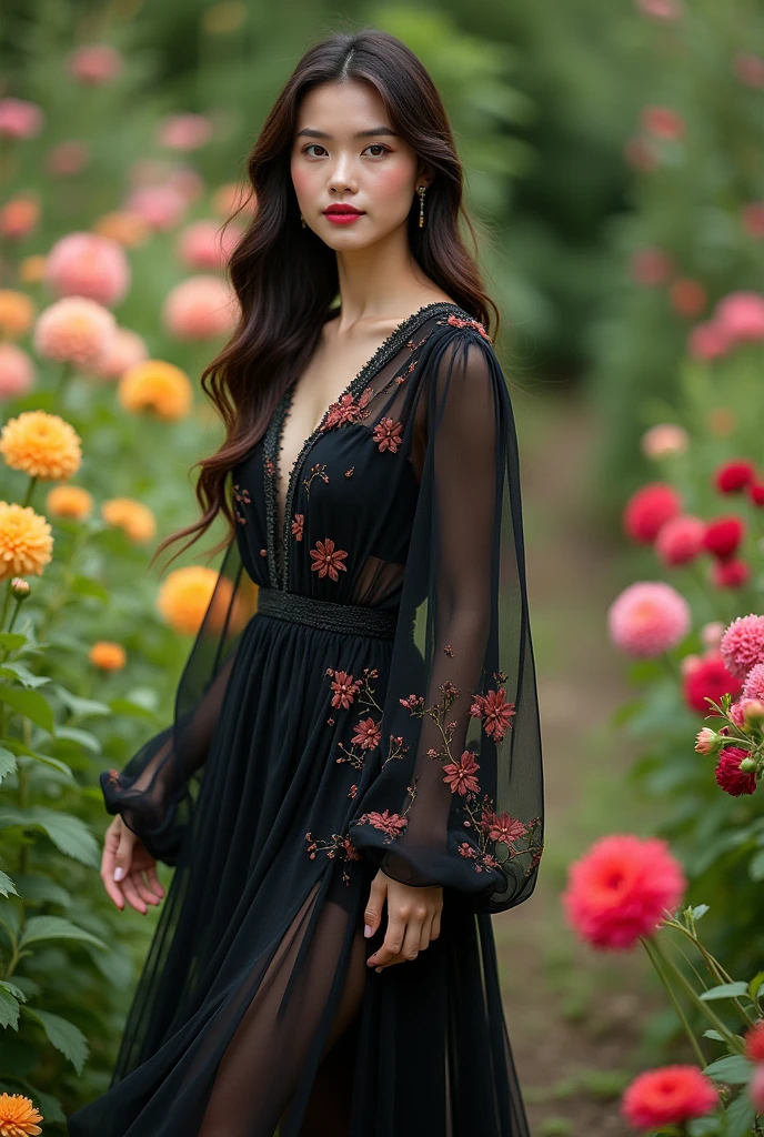 a beautiful woman wearing a long black chiffon dress with floral print, long sleeves, standing in a summer garden, elegant fashion portrait, 8k resolution, high quality, photorealistic, masterpiece, intricate details, vibrant colors, natural lighting, cinematic composition