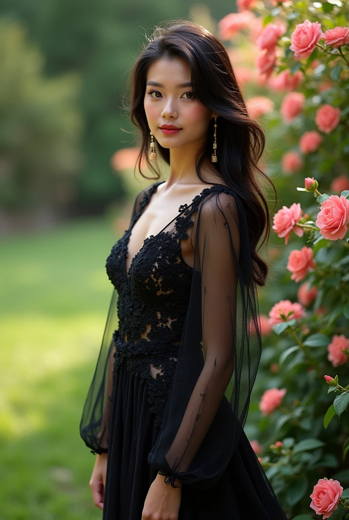 a beautiful woman wearing a long black chiffon dress with floral print, long sleeves, standing in a summer garden, elegant fashion portrait, 8k resolution, high quality, photorealistic, masterpiece, intricate details, vibrant colors, natural lighting, cinematic composition