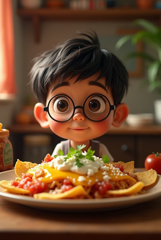 A light-skinned boy with round glasses and short hair eating chilaquiles