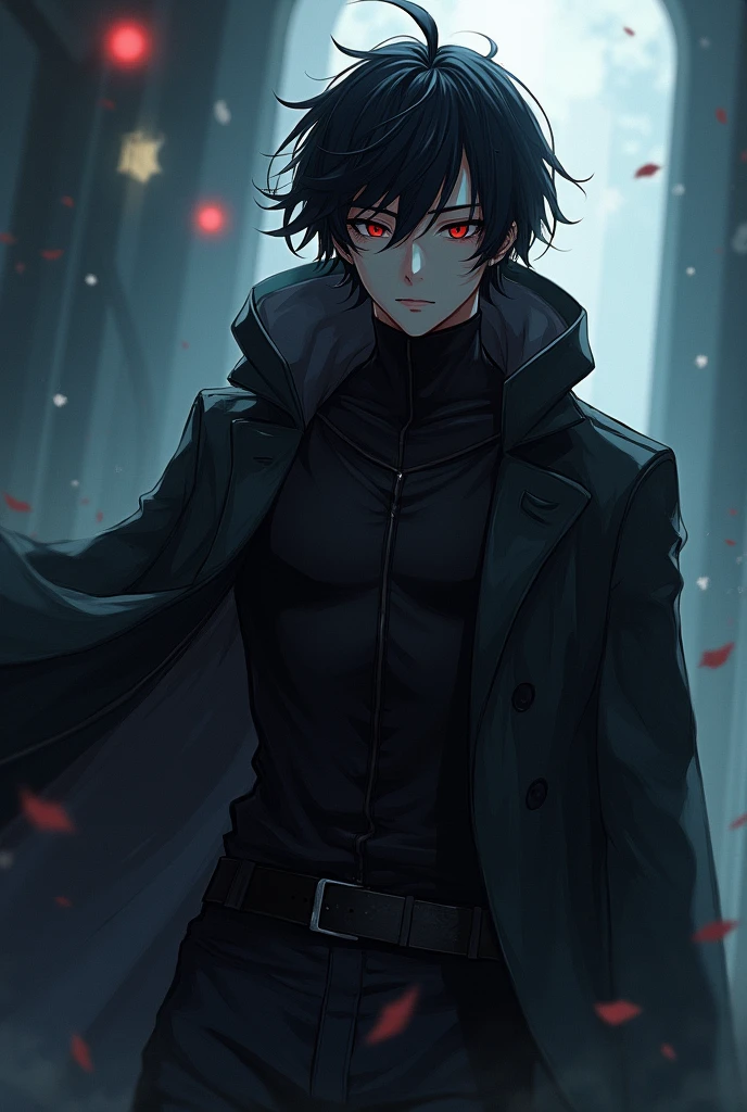 male character, mascarado, Eyes red, medium hair, black leagwear, anime styling