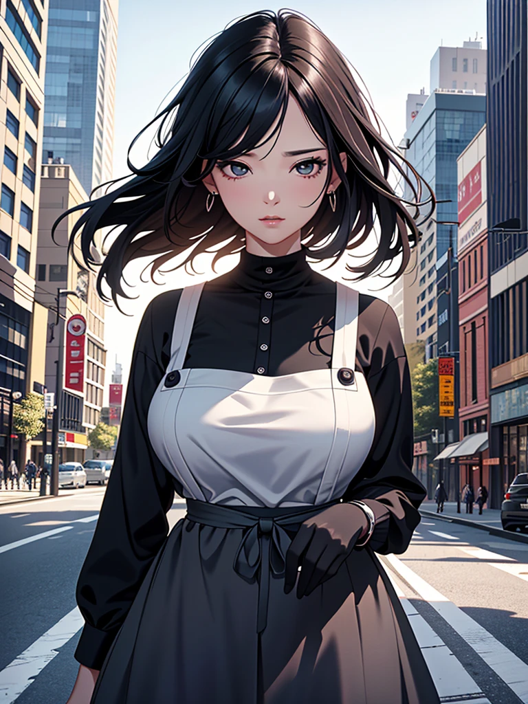 Giant Woman、On the road、(Masterpiece、Ultra-high resolution、Detailed expression、Beautiful depiction、8k、Highest quality、Artwork:1.2)、whole body、Beautifully detailed face、A towering presence、Black Hair、Married Woman、apron、Troubled face、skyscraper