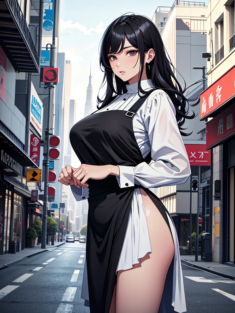 Giant Woman、On the road、(Masterpiece、Ultra-high resolution、Detailed expression、Beautiful depiction、8k、Highest quality、Artwork:1.2)、whole body、Beautifully detailed face、A towering presence、Black Hair、Married Woman、apron、Troubled face、skyscraper