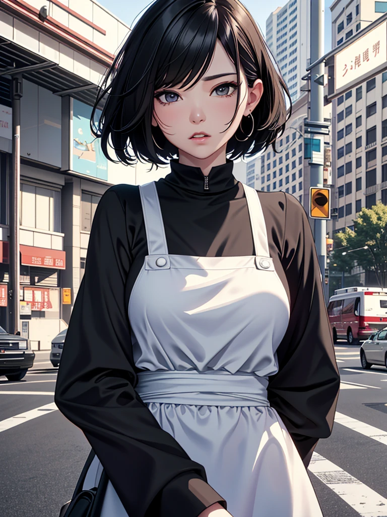 Giant Woman、On the road、(Masterpiece、Ultra-high resolution、Detailed expression、Beautiful depiction、8k、Highest quality、Artwork:1.2)、whole body、Beautifully detailed face、A towering presence、Black Hair、Married Woman、apron、Troubled face、skyscraper