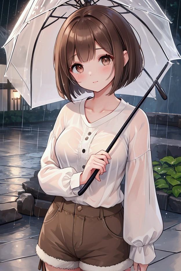 Photorealistic、Highest quality、Highest Resolution、Highest quality、16K、1 beautiful adult woman、Cute face、Delicate face、Bob cut hair、Ash brown hair color、Brown eyes、Delicate eyes、Beautiful Eyes、Troubled face、Beautiful breasts、Big Breasts、shirt、Shorts、umbrella、大rain、rain、Town