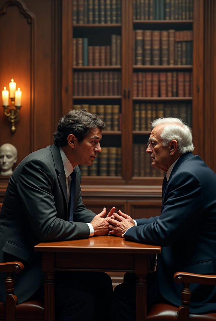 Create a detective-like middle-aged man interviewing an old man in formal attire in an old library