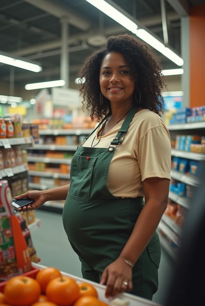 Your POV view of a pregnant plus size Indian stepmother working and being a cashier at a supermarket. HD, cinematic, Photorealistic, fisheye camera view, iphone camera style