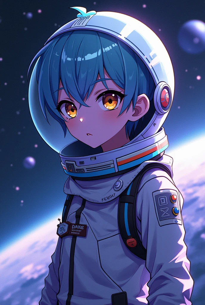 Anime Boy with purple skin, blackout eyes with yellow pupils, and light blue hair in astronaut suit