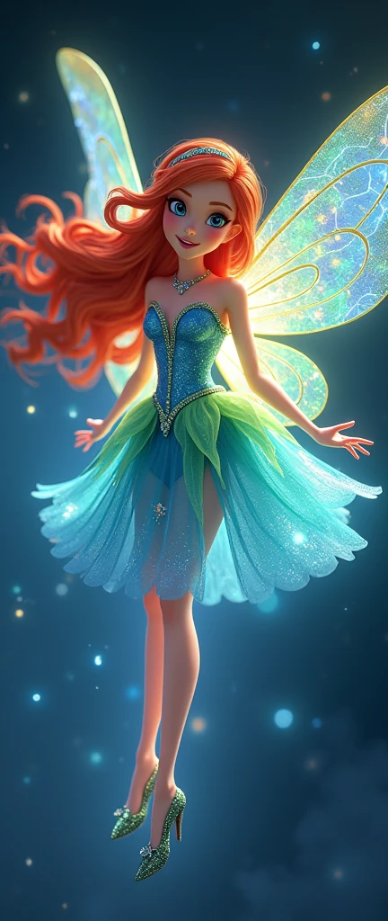 Real fairy magical like in a 1980s dark fantasy movie 3d ultra 8k Bloom from *Winx Club* is a character with bright, fiery red hair that flows in loose waves. She has blue eyes and a fair complexion. Her outfit typically includes a blue and green fairy dress with sparkling accents and butterfly or star motifs. She often wears matching accessories like a headband and shoes. Bloom’s overall look is vibrant and magical, with a little gold crown in her head reflecting her powers as the Fairy of the Dragon Flame (masterpiece,Distinguished Quality,Mirror-like,Cinematic Experience,insanely detailed,absurdres),8k,wallpaper,(Ray Tracing),Physically Based Rendering,Ultra-fine painting,Narrow your focus,BREAK(1 female),(Astral Body:2.0),(Beautiful Face),(Beautiful Eyes),(Perfect Eyes:1.6),(Glowing Skin:1.2),(Random Hairstyles),(Random hair color)BREAK,(Ultra high leg bodysuit:2.0),(Big Breasts),(Sexy thighs),(Functional),(Voluptuous),(front:2.0),(whole body:2.0),(look at me),(Detailed hands:2.0),(Beautiful female hands:2.0),(Portrait of the Goddess,Cosmic aura,universe space,Iridescent particles,Diffuse reflection of light),(She is floating leisurely in the universe space.:2.0)