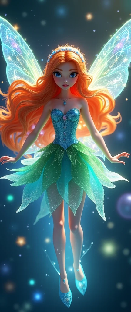 Real fairy magical like in a 1980s dark fantasy movie 3d ultra 8k Bloom from *Winx Club* is a character with bright, fiery red hair that flows in loose waves. She has blue eyes and a fair complexion. Her outfit typically includes a blue and green fairy dress with sparkling accents and butterfly or star motifs. She often wears matching accessories like a headband and shoes. Bloom’s overall look is vibrant and magical, with a little gold crown in her head reflecting her powers as the Fairy of the Dragon Flame (masterpiece,Distinguished Quality,Mirror-like,Cinematic Experience,insanely detailed,absurdres),8k,wallpaper,(Ray Tracing),Physically Based Rendering,Ultra-fine painting,Narrow your focus,BREAK(1 female),(Astral Body:2.0),(Beautiful Face),(Beautiful Eyes),(Perfect Eyes:1.6),(Glowing Skin:1.2),(Random Hairstyles),(Random hair color)BREAK,(Ultra high leg bodysuit:2.0),(Big Breasts),(Sexy thighs),(Functional),(Voluptuous),(front:2.0),(whole body:2.0),(look at me),(Detailed hands:2.0),(Beautiful female hands:2.0),(Portrait of the Goddess,Cosmic aura,universe space,Iridescent particles,Diffuse reflection of light),(She is floating leisurely in the universe space.:2.0)