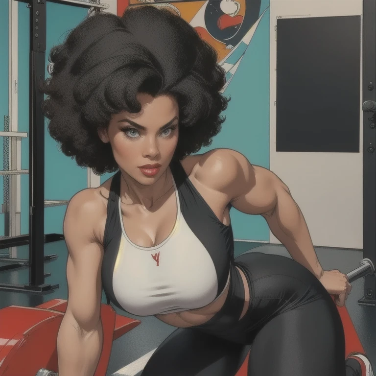 a robust and attractive afro-descendant woman, small bust, wide hips wearing a white tank top and black leggings, wearing queen system sneakers, sensual pose in the gym, daring look, detailed face, high quality, 8k, photorealistic, studio lighting, physically-based rendering, sharp focus, vivid colors, masterpiece, elegant, beauty, muscular, fit, athletic, confident, empowered, strong, female protagonist, urban, contemporary, realistic portrait