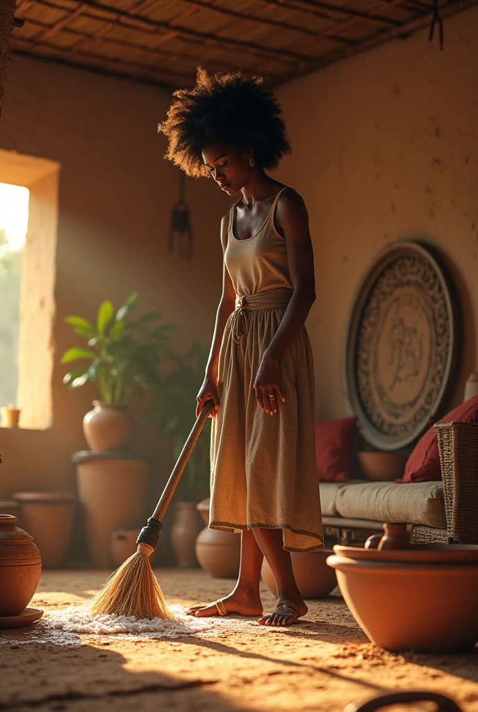 Generate an image of an African modern black woman skinny in afro washing cleaning a living room in a village setting