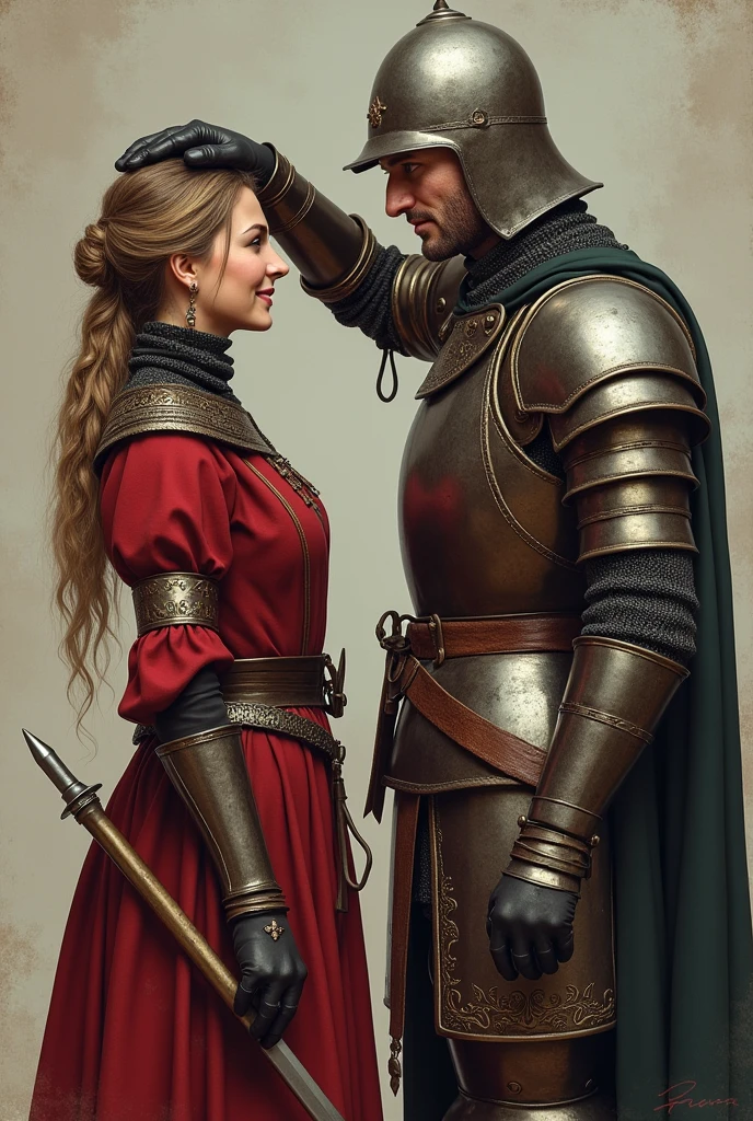 A medieval woman stands next to her sergeant, who, being taller, He rests his arm on her head in a playful gesture. They both wear the characteristic armour of the Polish winged hussars and smile., showing complicity. The image captures the two characters facing each other., revealing their full figures and the camaraderie they share.