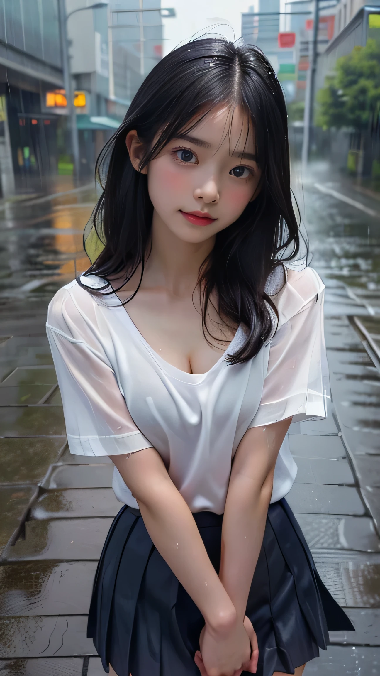 Highest quality,Realistic,masterpiece,detailed,High resolution,Cute , (masterpiece, best quality, dynamic angle), full body shot, (nsfw:1.4), (in Greg Hildebrandt style:1.4), (masterpiece:1.2), (Top quality, masterpiece, super high resolution, (photorealistic:1.4), raw photo, depth of field, professional lighting, perfect anatomy, very detailed), one 1 girl, the most famous Japanese idol, innocent smile, cowboy shot, (((standing on the street in heavy rain, wearing a white shirt very wet in heavy rain and a navy blue pleated skirt very wet in heavy rain, very wet hair in heavy rain, very wet face in heavy rain))), (very cute face like the most popular Japanese idol, ((very cute and very big eyes)), very beautiful realistic skin), very cute long eyelashes, very cute lips, very beautiful wet body in heavy rain, very beautiful wet thighs in heavy rain, (no bra on) (small breasts) (nipples showing through wet shirt)