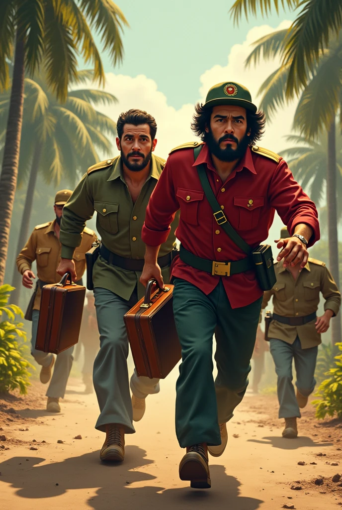 Fidel Castro and Che Guevara chasing Fulgencio, who is holding suitcases in his hand.