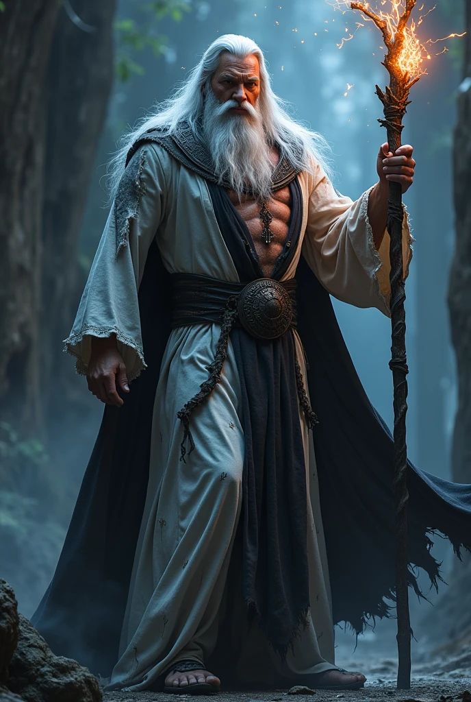 ultra realisitic, super powerful wizard, brawny, powerful and intimidating posture, long grayish white hair, white tunic with black details, clothes partially flared and torn open in the middle with muscles on display, fully dark lightning with color totally black visible emanating from the body and eyes intensely, long staff of with dark flame in the top. His power is dark eletricity with black color, this power intensely emanate a light with dark color from his body end eyes, intense black power emanating