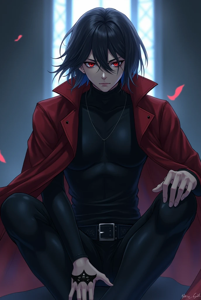 male character, mascarado, Eyes red, medium hair, black leagwear, anime styling