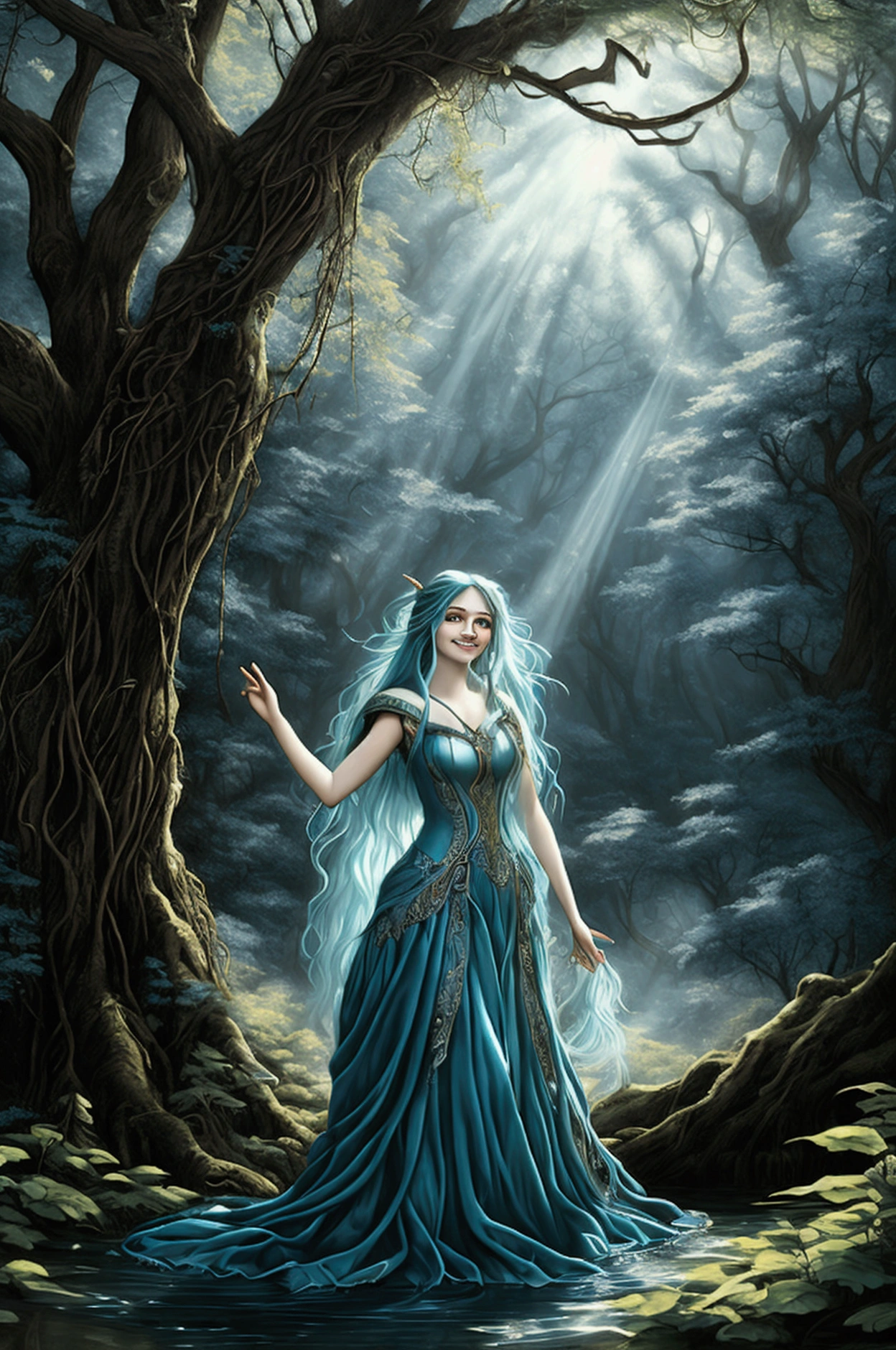 Kizi, adolescent, floats in a forest, flowing blue hair, roupa como se tivesse saído de um fairy tale, wide and sincere smile, face radiant with joy. Gustave Dore inspiration, fairy tale.