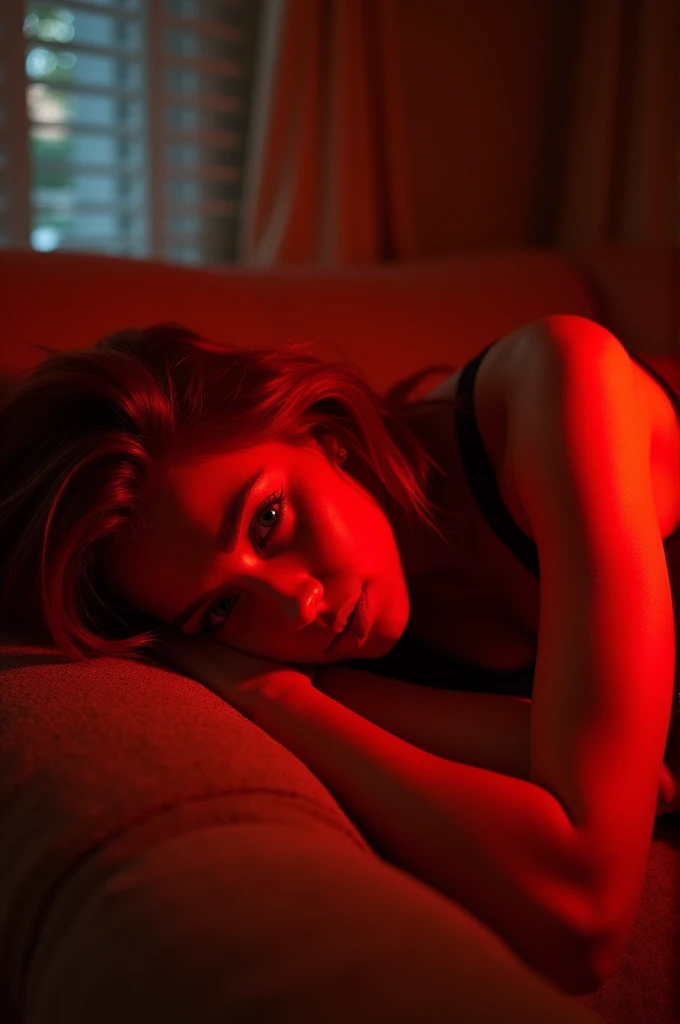 arafed woman with red hair laying on a couch in a room, red glowing hair, glowing red, red and cinematic lighting, crimson red hair and red eyes, red haired goddess, redhead girl, red glowing skin, red head, glowing crimson head, beautiful soft lighting, with red hair and green eyes, with red hair, gorgeous soft lighting, red hair girl
