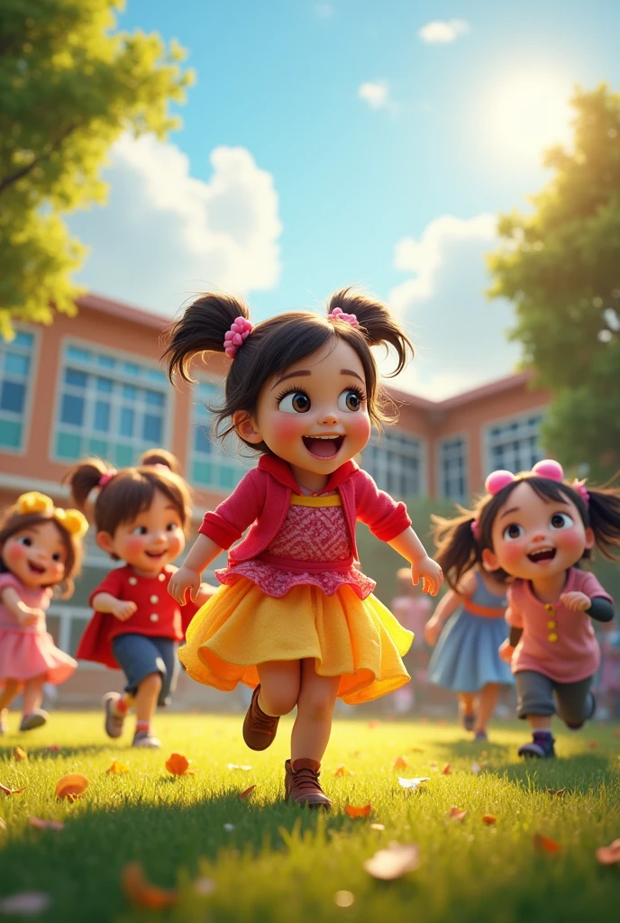 Disney kids in costume playing in the school playground