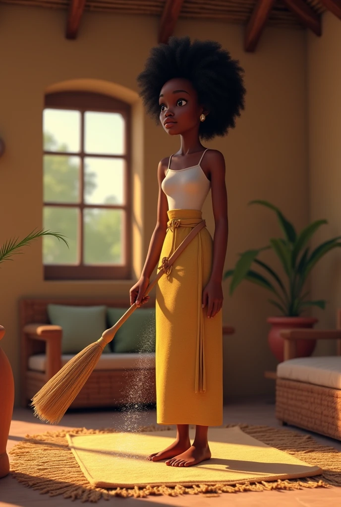 Generate an image of an African modern black woman skinny in afro washing cleaning a living room in a village setting