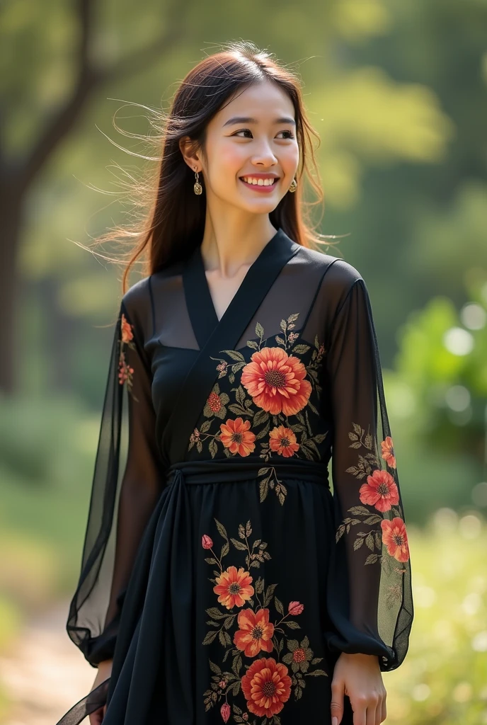 8K,RAW photogr,Best quality at best,masterpiec,Summer Black Print Korean Fashion Maxi Dress High Quality Flower Long Sleeve Women Chiffon Long Dress Vestidos BLACK,turkish women,smiling,love