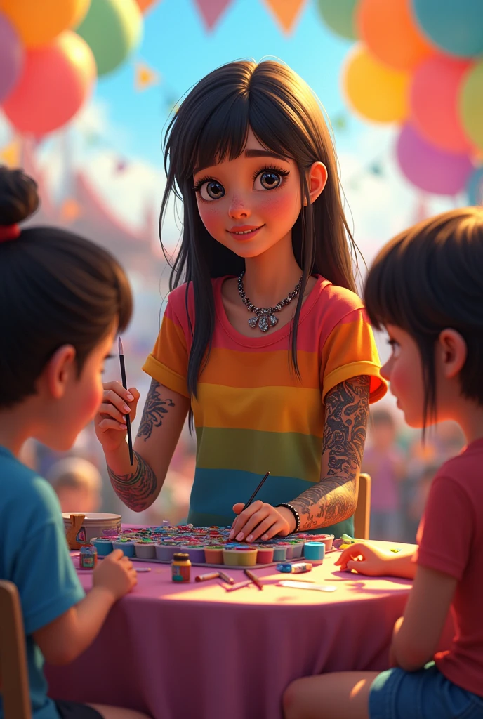 animation of a young woman with long hair, with straight bangs, She has a nose ring and lots of tattoos. He is of medium build, She is sitting on a chair wearing a multi-colored t-shirt and has a box of paints and brushes next to her.. The woman is painting on the cheek of one of the children sitting in front of her. It's a festive atmosphere, There are balloons and the children wait their turn