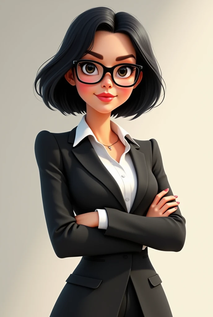 ((Best Quality)), disney pixar character, Charismatic, women, short black hair, black eyes, square glasses, dressed in a business suit