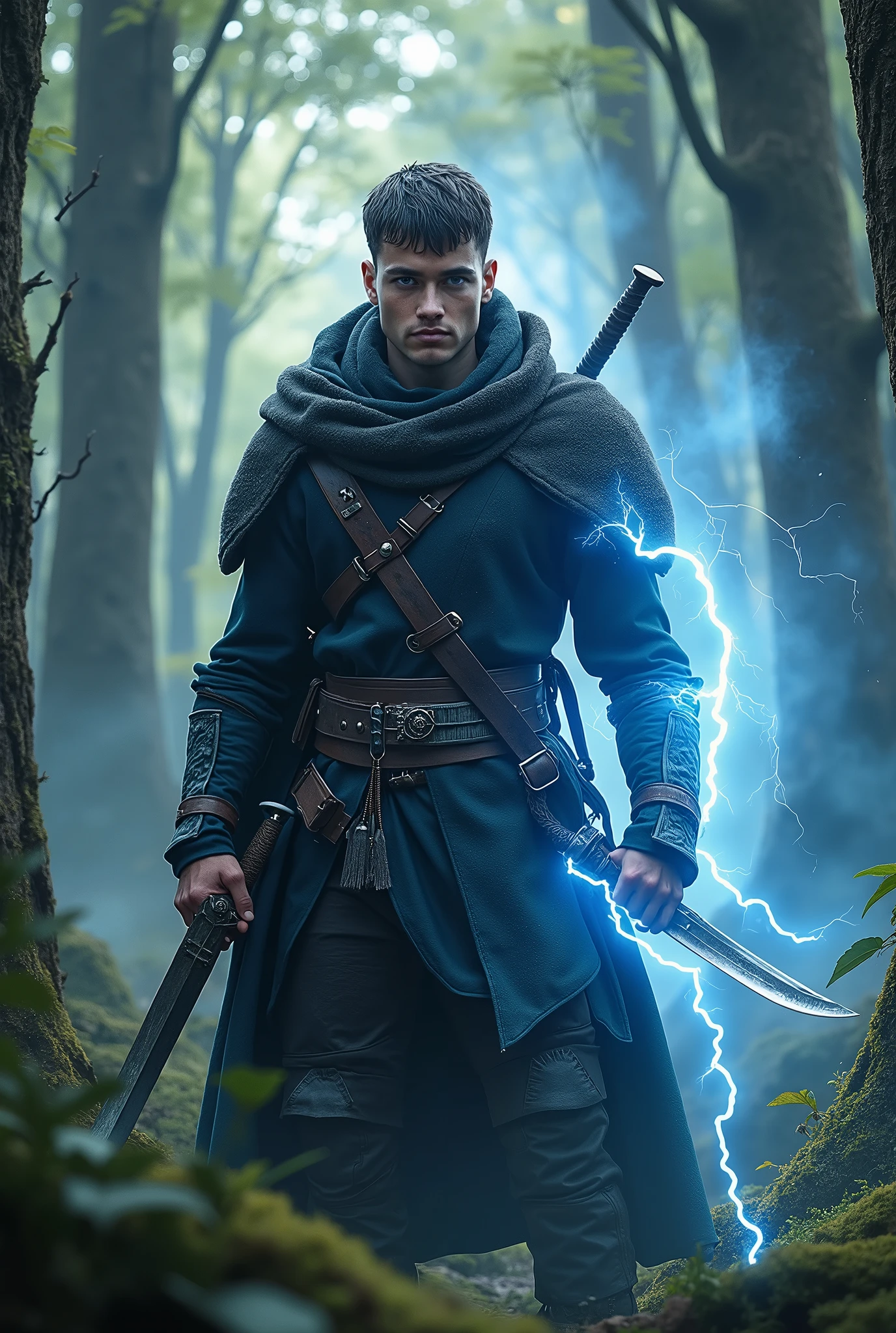 a young man with short black hair, blue eyes, tall, wearing dark hunter's clothing, wielding daggers in a medieval forest, wielding the power of lightning, (best quality,4k,8k,highres,masterpiece:1.2),ultra-detailed,(realistic,photorealistic,photo-realistic:1.37),fantasy,hyperrealistic,dark fantasy,dramatic lighting,cinematic,highly detailed,sharp focus,volumetric lighting
