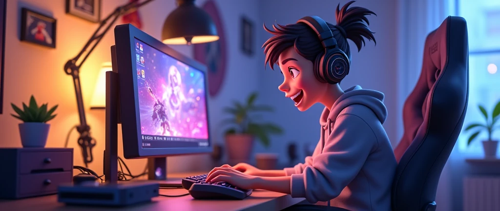 Create an image of an animated streamer playing Overwatch but horizontally so that the entire set up can be seen