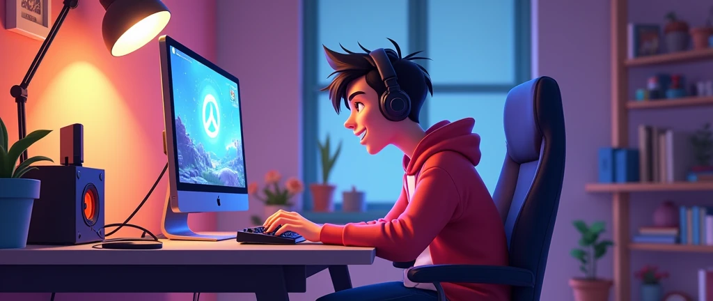 Create an image of an animated streamer playing Overwatch but horizontally so that the entire set up can be seen