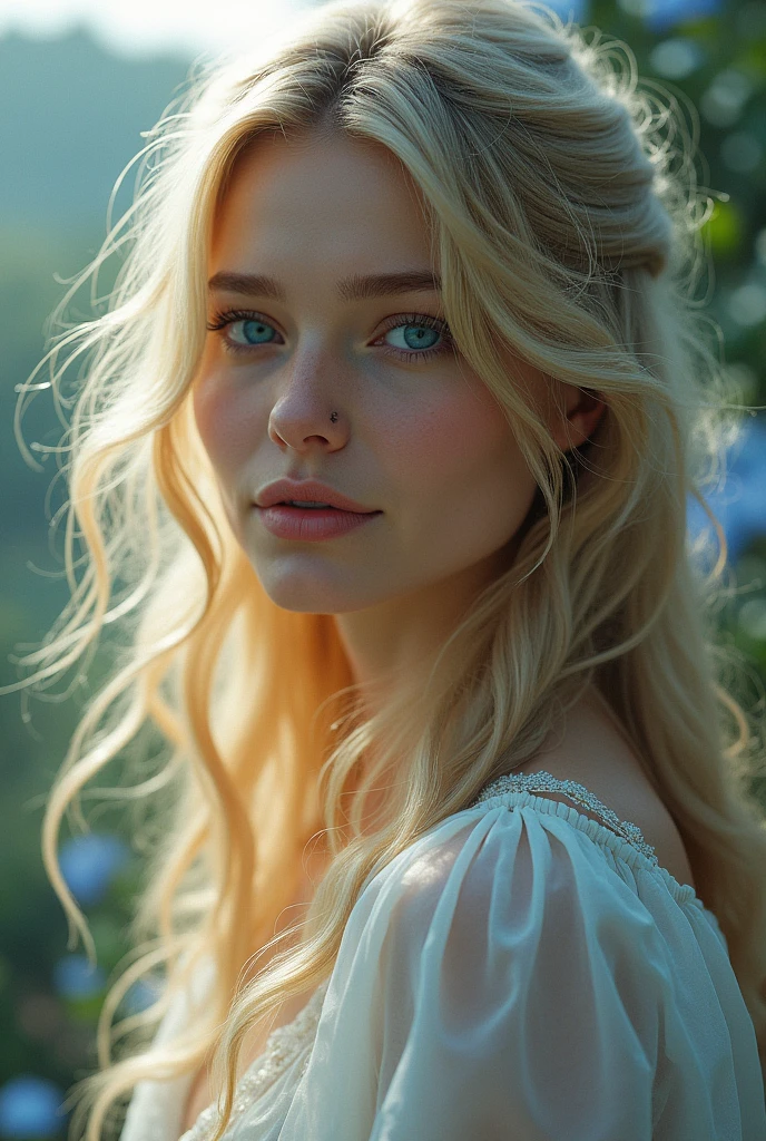 make pictures of this woman in other places blonde hair and blue eye