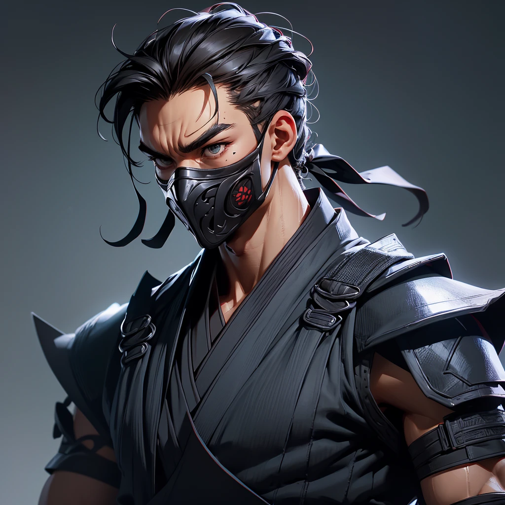 envision a 8k, highres, semi realistic cinematic close up portrait of a fierce strong faced ninja man with a slender muscular body, clean shaved, sleek black hair, and black eyes, ninja robes, ninja armor, mortal kombat ninja mask, half face mask, against a dark gray background