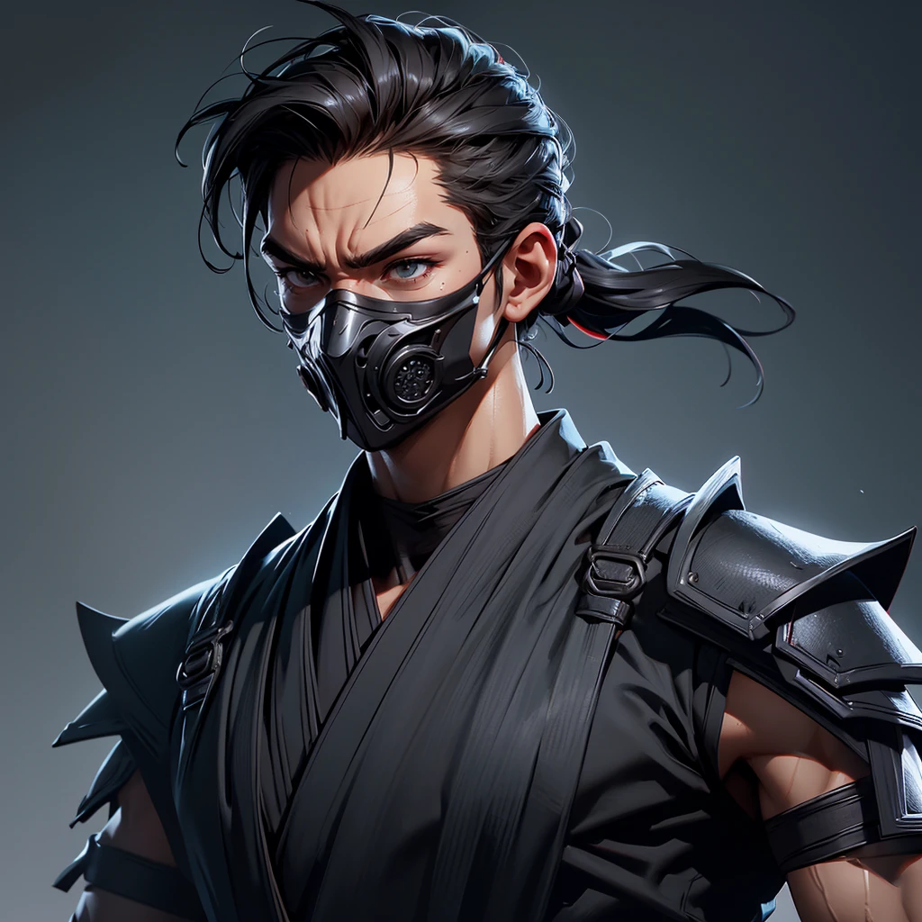 envision a 8k, highres, semi realistic cinematic close up portrait of a fierce strong faced ninja man with a slender muscular body, clean shaved, sleek black hair, and black eyes, ninja robes, ninja armor, mortal kombat ninja mask, half face mask, against a dark gray background