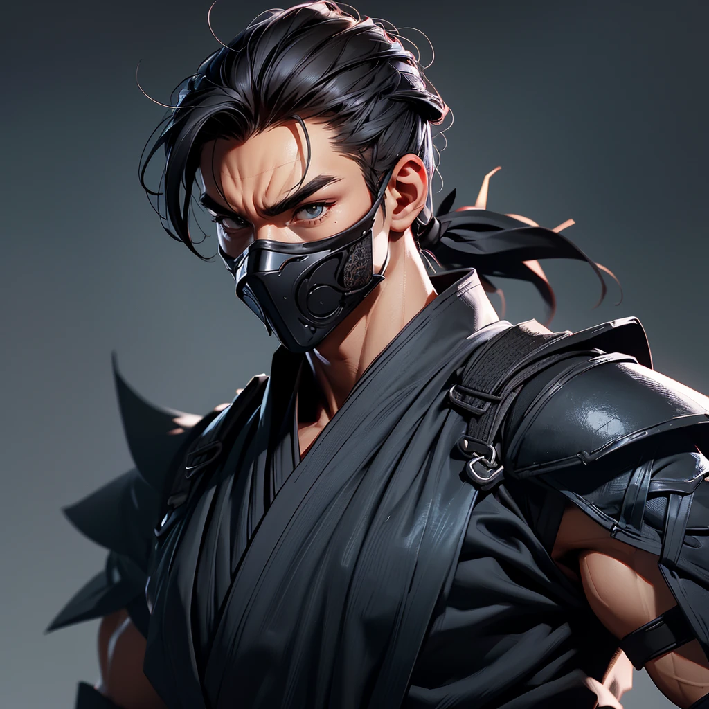 envision a 8k, highres, semi realistic cinematic close up portrait of a fierce strong faced ninja man with a slender muscular body, clean shaved, sleek black hair, and black eyes, ninja robes, ninja armor, mortal kombat ninja mask, half face mask, against a dark gray background