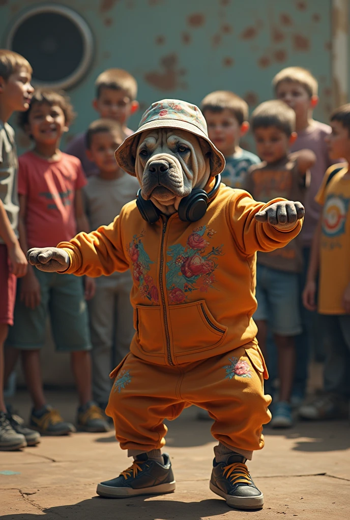 hyper-realistic photo of a Shar-pei wearing Life Djs clothing and a bucket hat breakdancing in front of a crowd of kids in a circle with a stereo in the corner