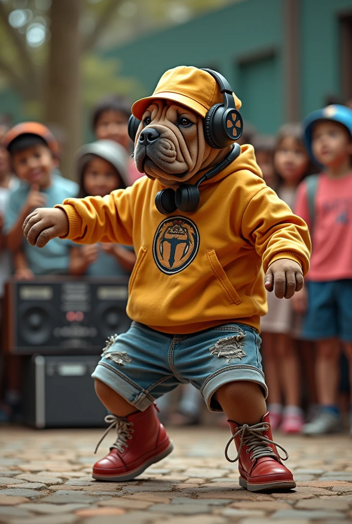 hyper-realistic photo of a Shar-pei wearing Life Djs clothing and a bucket hat breakdancing in front of a crowd of kids in a circle with a stereo in the corner