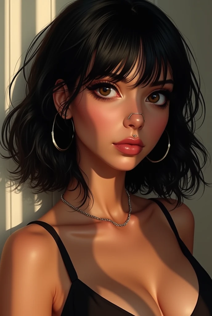 Girl with semi-long black hair, skin between white and brown, with a voluptuous and marked body, Dark brown semi-slanted eyes with an intense and mocking look and slight dark circles, about 1m tall,60cm. With a piercing (SEPTUM) on the nose, small but full lips, forehead neither too big nor too small. The most beautiful woman. Black and marked clothing.