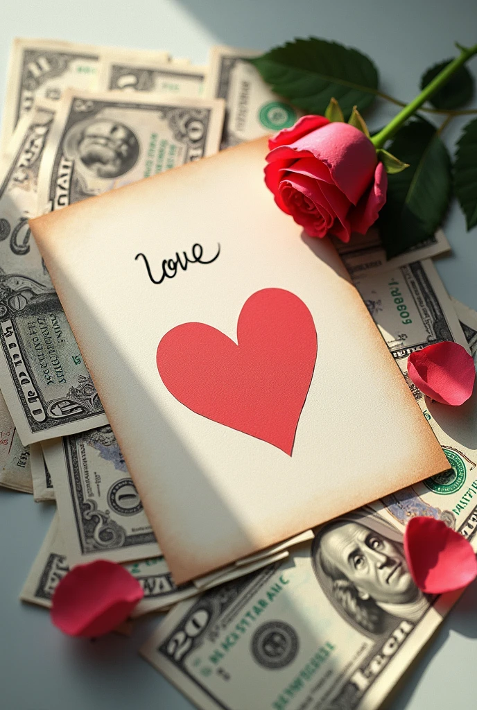 Create a music cover, that has a table seen from above with lots of banknotes, a letter with a heart and a rose