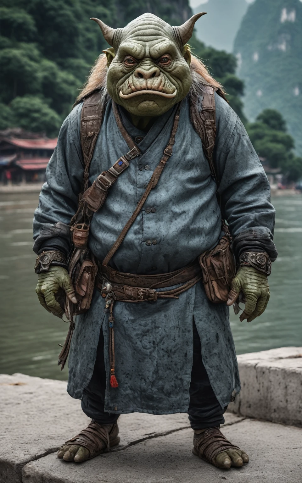 full body length shot, beggar graphite Manganite sparas, wants eat, survival in criminal city of future, Cinematic, soft colors, Technicolor, natural skin textures, hyper realism, hyper detailed, Extremely detailed, Masterpiece, Realistic, Ultra Detailed, intricate details, realistic humid leather, extremly intricate, Epic Realistic, cinematic style, hdr, extremely detailed, masterpiece, intricate details, faded, eyes extremely detailed, high detailed eyes,16k resolution, RAW, Nikon Z9,China,Songbird,orc,Li River in Guangxi Zhuang of China, Pisces, pointed ears perfect, ginger, Creative, masterpiece, fantasy, super detailed, high resolution,