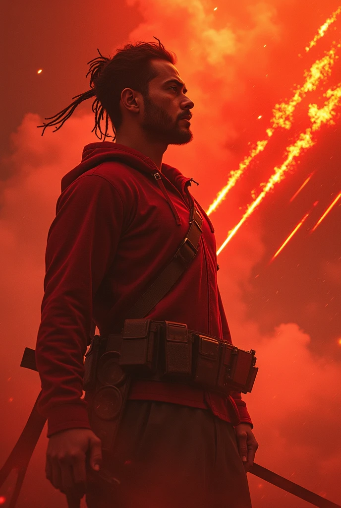 image with reddish tones, freedom bow on the right side of the photo, fire bullets passing the image