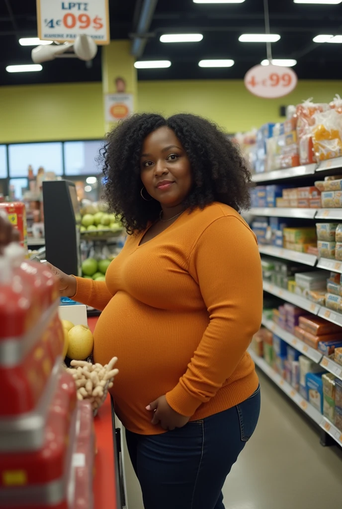 Pov of your vision when a pregnant plus size Indian stepmother with a big belly works and becomes a cashier at a supermarket. HD, cinematic, Photorealistic, fisheye camera view, iphone camera style