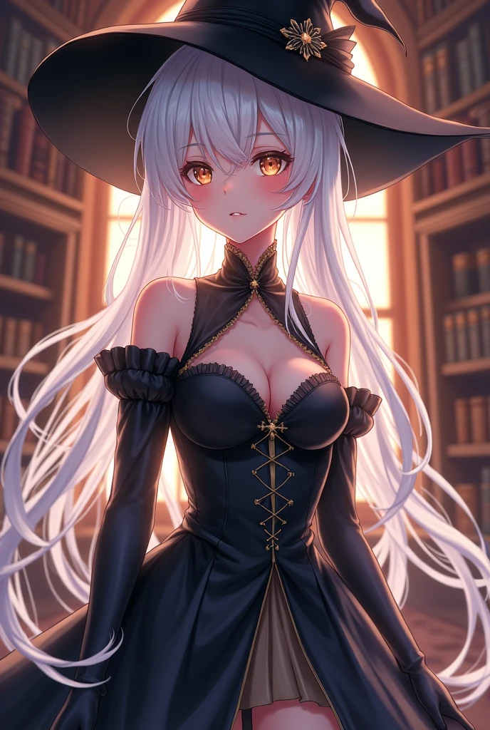 make a mage with fair skin, of white hair, with a black hat, with a beautiful black dress, and with a little chest, she has the power of vitality (I don't want her full body) anime version, but not so anime, I want it to be shiny and have a library setting.