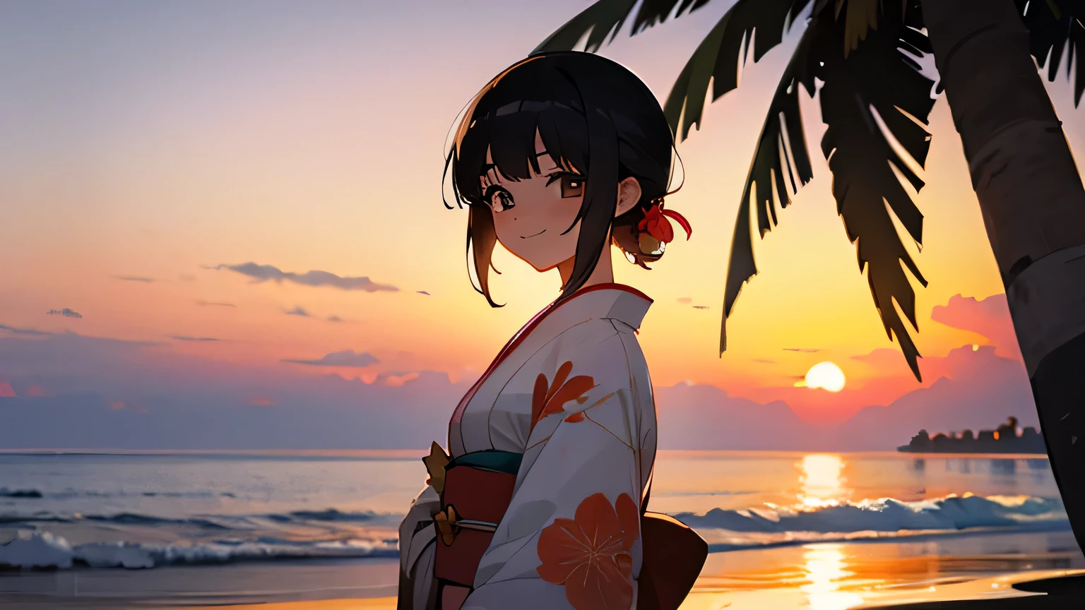 beach,sunset,palm tree,smile,kimono,japanese,girl