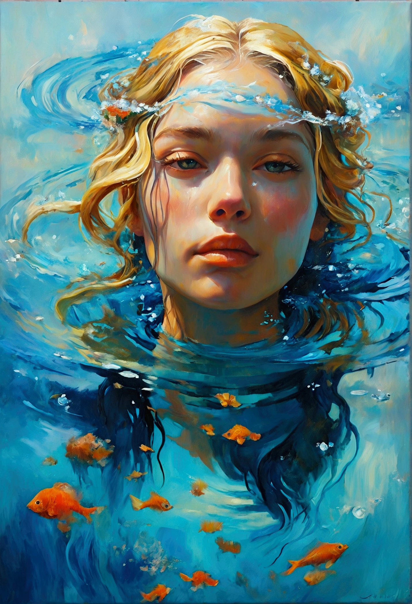 Create a detailed and expressive painting of a woman with long blonde hair in the foreground, representing the element of water. She should be centred in the painting, with her head slightly tilted back and her expression completely serene. Her shoulders should be visible, framing her face, while the rest of her body is outside the frame. The background should represent a watery halo around her head, composed of vibrant shades of turquoise and dark blue. This halo should create a serene, flowing effect, blending harmoniously with the woman's hair to convey movement and lightness. Include elements characteristic of water, whether flora or fauna. Use soft lighting to highlight the contours of her face and the texture of her hair, creating a subtle contrast with the aquatic background. Add details such as fish, sea life or marine flora. The artistic style should focus on intricate details and ethereal elements, ensuring a composition that feels divine and evocative of the aquatic element. Keep the tones cool and the textures fine to accurately capture the essence of the aquatic element.