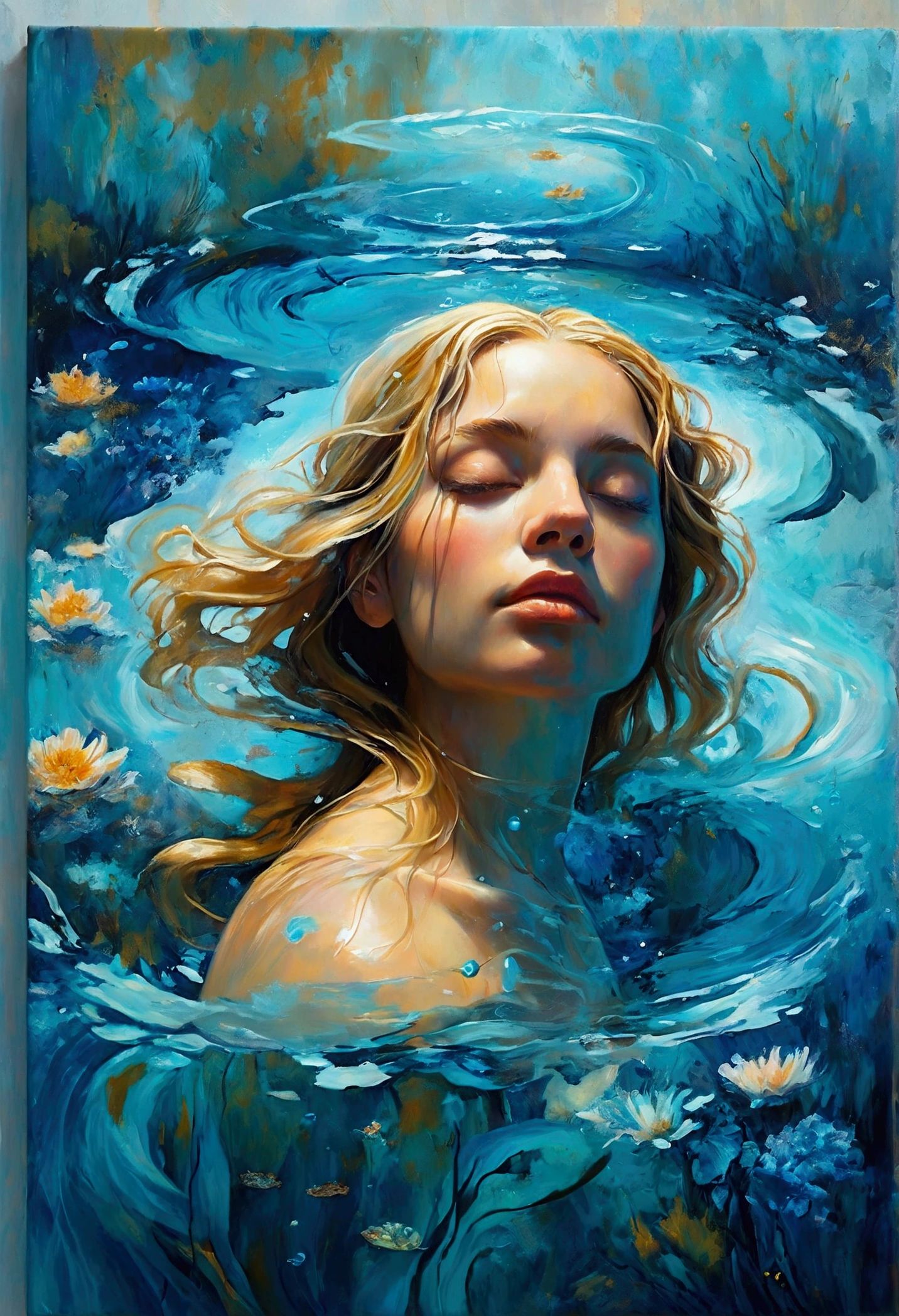 Create a detailed and expressive painting of a woman with long blonde hair in the foreground, representing the element of water. She should be centred in the painting, with her head slightly tilted back and her expression completely serene. Her shoulders should be visible, framing her face, while the rest of her body is outside the frame. The background should represent a watery halo around her head, composed of vibrant shades of turquoise and dark blue. This halo should create a serene, flowing effect, blending harmoniously with the woman's hair to convey movement and lightness. Include elements characteristic of water, whether flora or fauna. Use soft lighting to highlight the contours of her face and the texture of her hair, creating a subtle contrast with the aquatic background. Add details such as fish, sea life or marine flora. The artistic style should focus on intricate details and ethereal elements, ensuring a composition that feels divine and evocative of the aquatic element. Keep the tones cool and the textures fine to accurately capture the essence of the aquatic element.