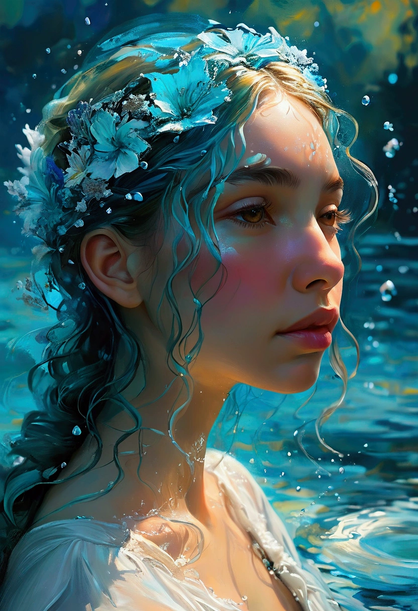 Create a detailed and expressive painting of a woman with long blonde hair in the foreground, representing the element of water. She should be centred in the painting, with her head slightly tilted back and her expression completely serene. Her shoulders should be visible, framing her face, while the rest of her body is outside the frame. The background should represent a watery halo around her head, composed of vibrant shades of turquoise and dark blue. This halo should create a serene, flowing effect, blending harmoniously with the woman's hair to convey movement and lightness. Include elements characteristic of water, whether flora or fauna. Use soft lighting to highlight the contours of her face and the texture of her hair, creating a subtle contrast with the aquatic background. Add details such as fish, sea life or marine flora. The artistic style should focus on intricate details and ethereal elements, ensuring a composition that feels divine and evocative of the aquatic element. Keep the tones cool and the textures fine to accurately capture the essence of the aquatic element.