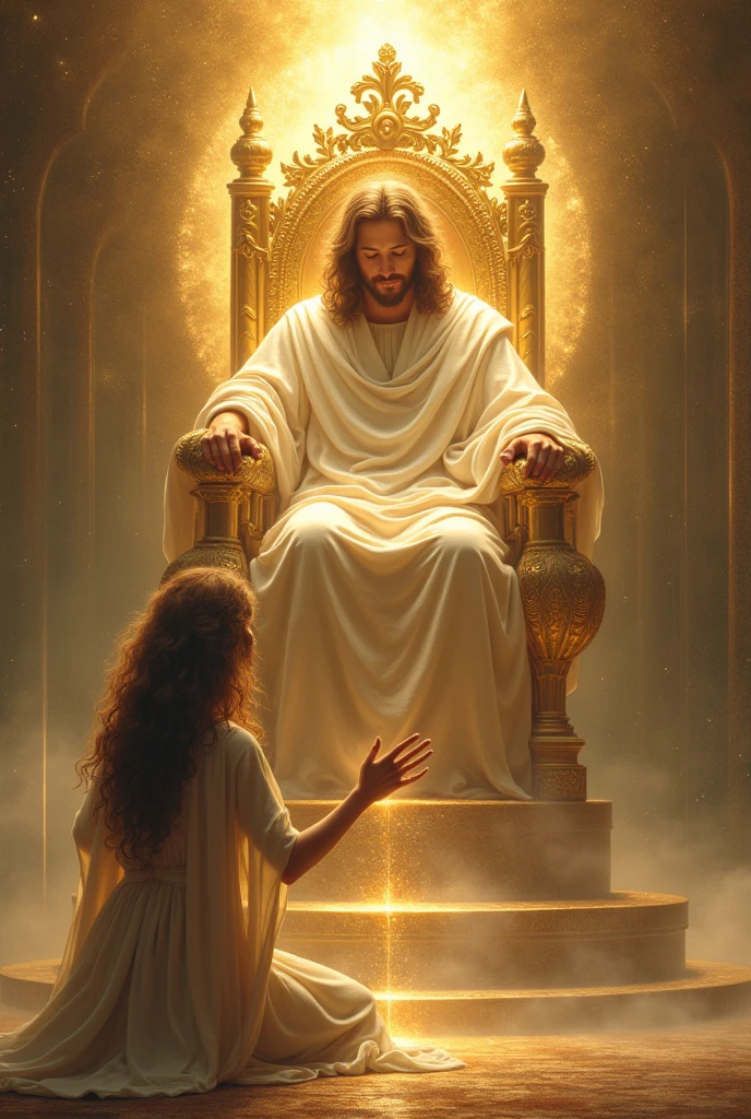 Beautiful and mystical woman with curly hair prostrate in deep adoration and offering her life and work to Jesus sitting on his golden throne more radiant than all the stars in the sky