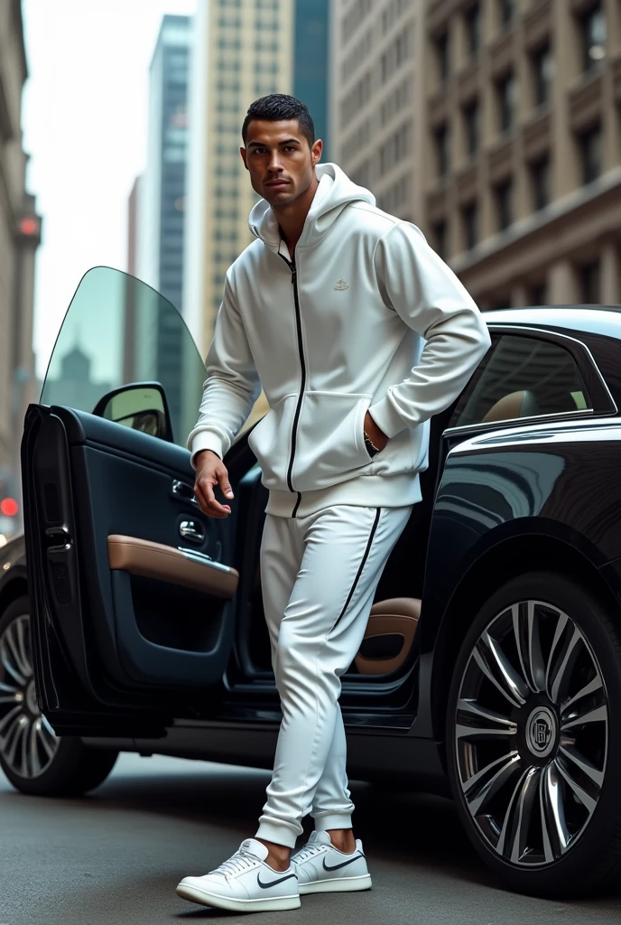 Cristiano Ronaldo ;qui sort d'un rolls roys;noir;portant un survêtement blanc amiri;des chaussures jordan blanc;;à Chicago